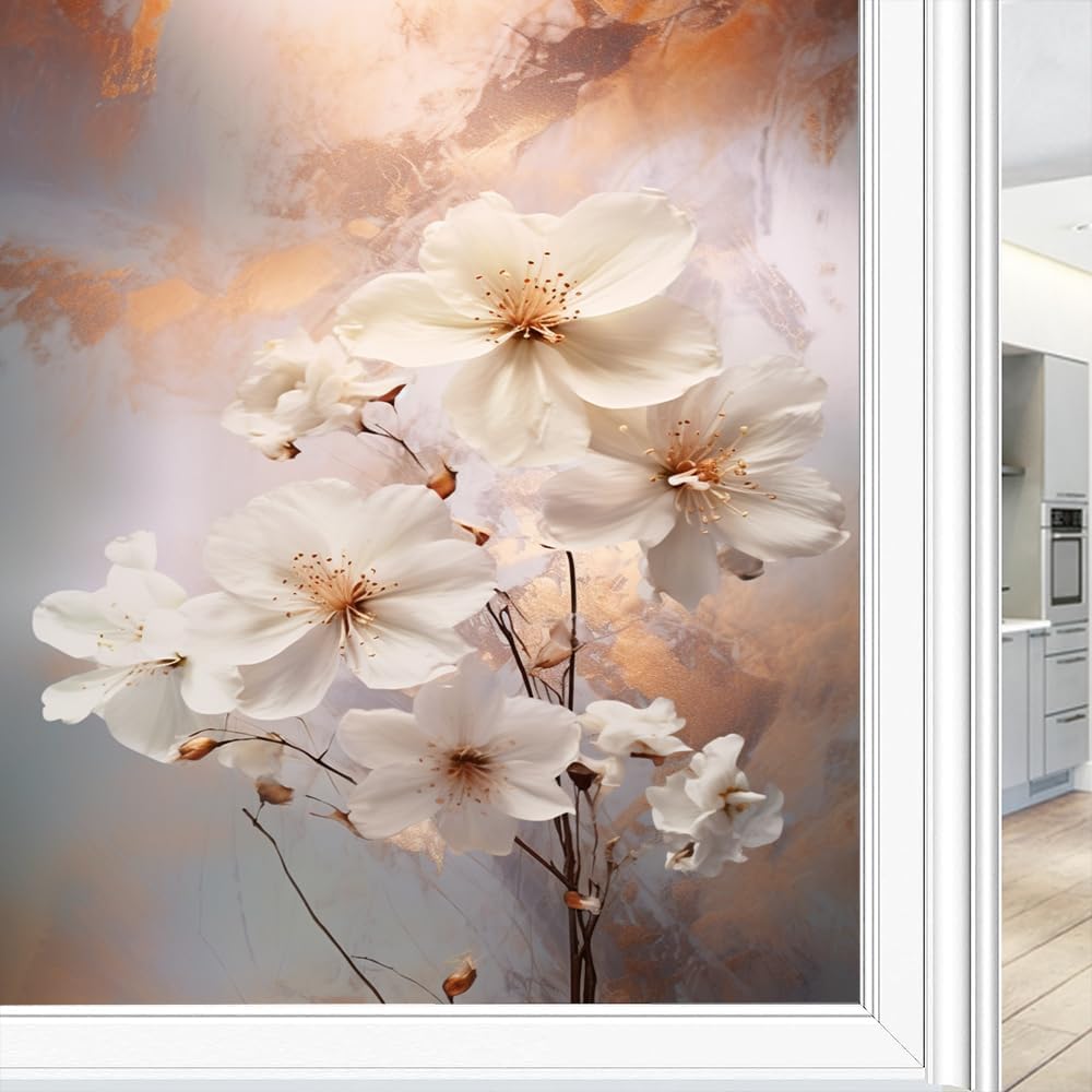 White Flower Stained Glass Window Film Vintage Floral Rustic Plants Window Privacy Film Self-Adhesive Glass Film Decorative Sticker Frosted Film for Home Office 27.6Wx39.4L inch
