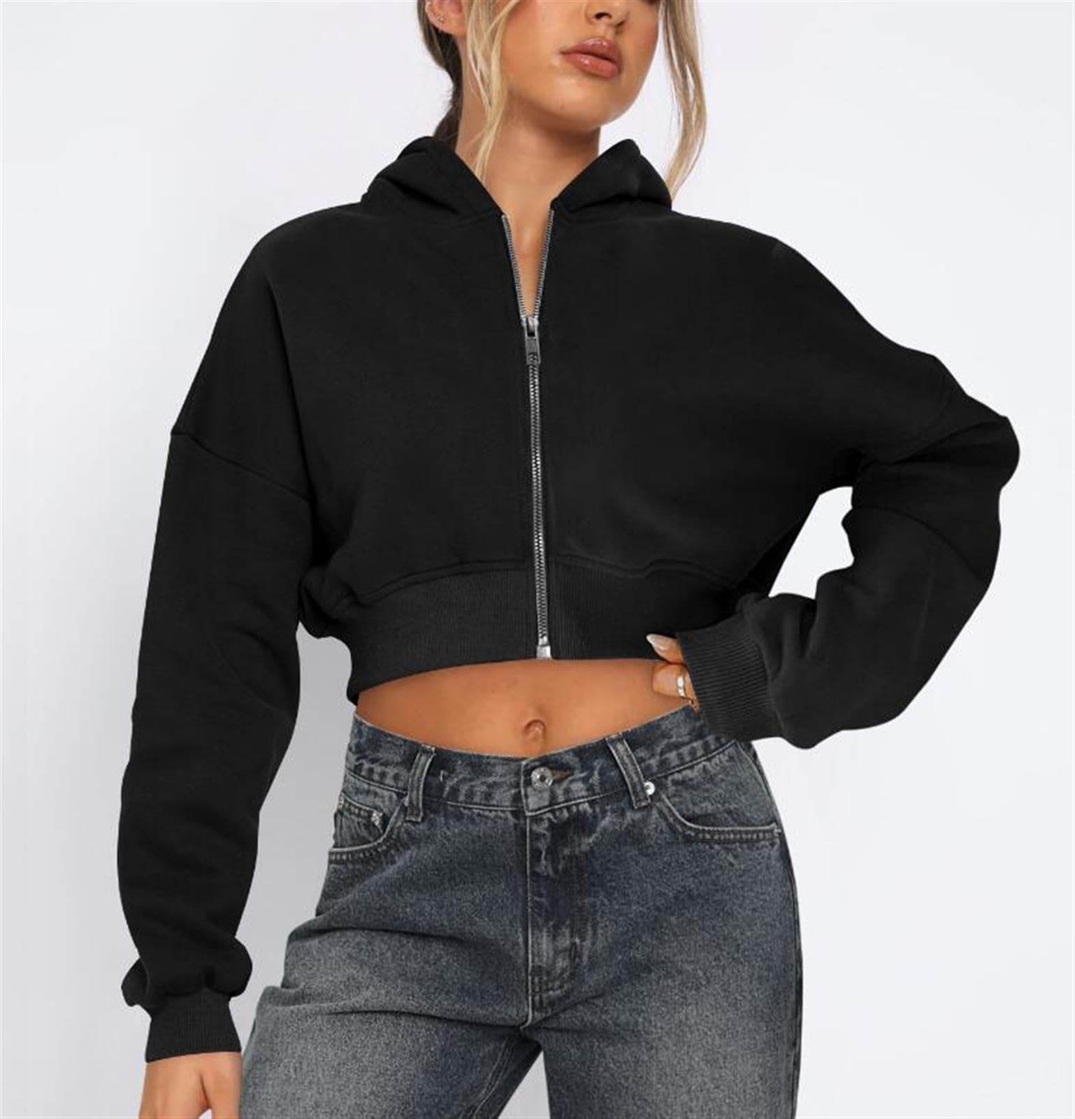 Zip Up Cropped Sudadera de Las Mujeres Manga Larga Color sólido Suelto Cuello Redondo Escotado Jersey con Capucha Chaqueta de Ropa Exterior,Negro,M