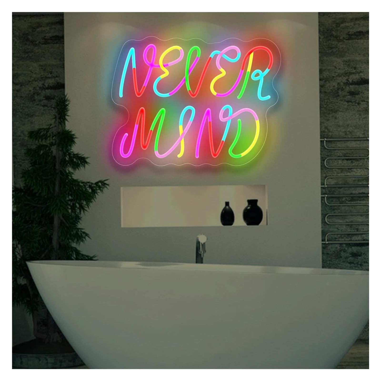 XENITE Luces Art Decoration Christmas Letrero De Neón Never Mind Con Ondas De Arcoíris Y Luz LED Regulable Por USB Para Dormitorio Oficina, Estudio, Sala De Recepción Decoración 39.1cmx30cm