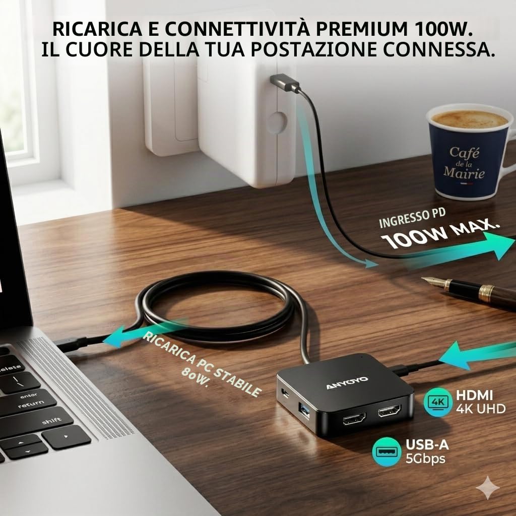 Docking Station 2 monitor, Dual 4K 60Hz HDMI Adapter USB C Hub Dual 4K HDMI, USB C Date, 100W PD, USB 3.0, USBC Docking Station per MacBook Air/Pro/Dell/HP/Surface/Lenovo