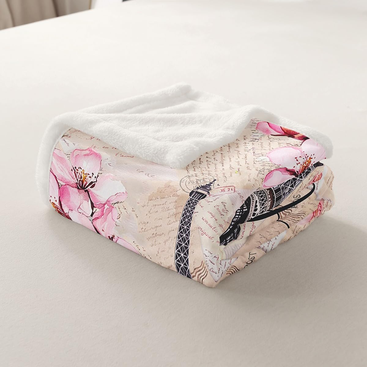 Feelyou Eiffel Tower Sherpa Throw Blanket Girls Chic Romantic Paris Theme Fleece Blanket for Bed Sofa Couch Women Teens Pink Floral Flowers Plush Blanket Retro French Letter Room DecorThrow 50"x60"
