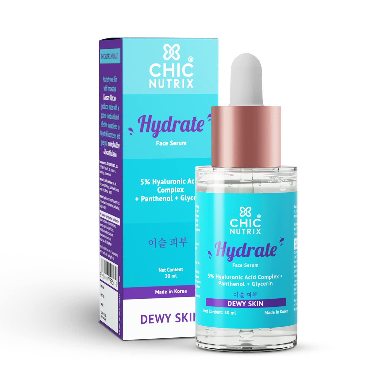 CHICNUTRIXHydrate – 5% Hyaluronic Acid Complex with Glycerin & Panthenol | Instant Hydration, dewy sipple & smooth skin, 30ml