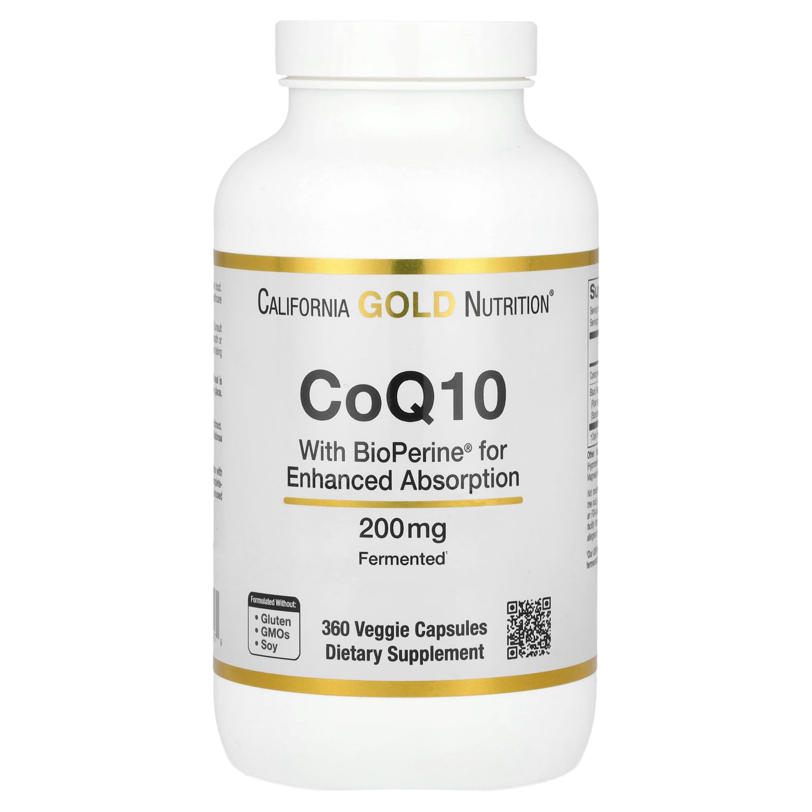 CoQ10 de California Gold Nutrition con extracto de pimienta negra Bioperine®, 200 mg, 360 cápsulas vegetales