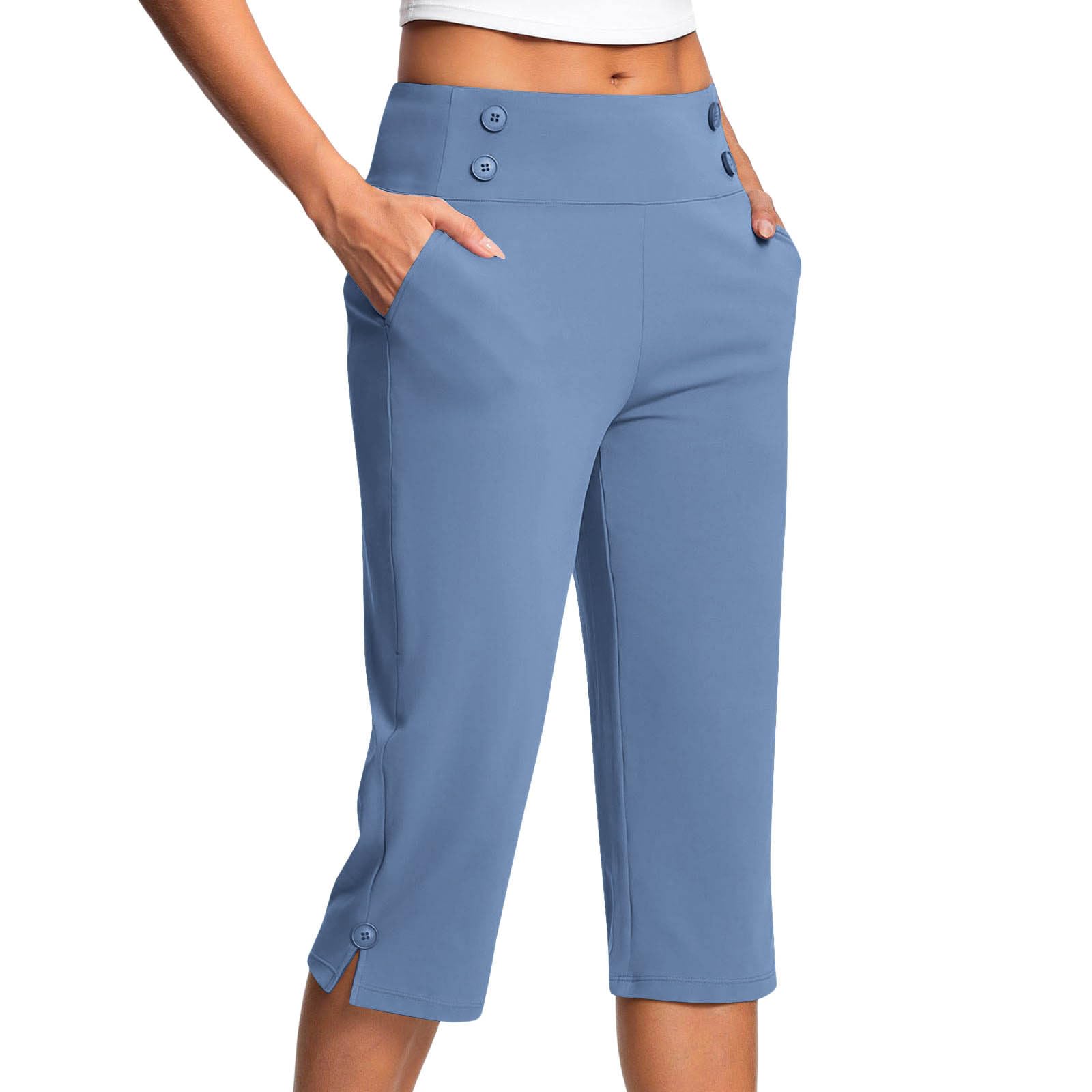 Yoga Capri Pants for Women Casual Elastic High Waisted Cropped Pant Summer Straight Leg Workout Legging with Pockets(Blue,Small)