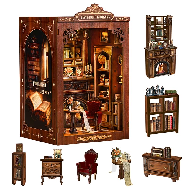 Twilight Library - Kit fai da te con angolo per libri, modello in miniatura in legno con luce LED, 194 pezzi