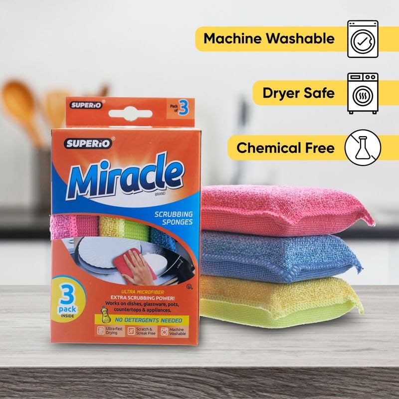 Image of Miracle Microfiber Scrubbing Sponge, Extra Scrubbing Power Kitchen Sponge, Sink, Pot, Pan and Dish Washing, Super Absorbent and Rapid Drying, Multicolor 6-Pack by Superio
