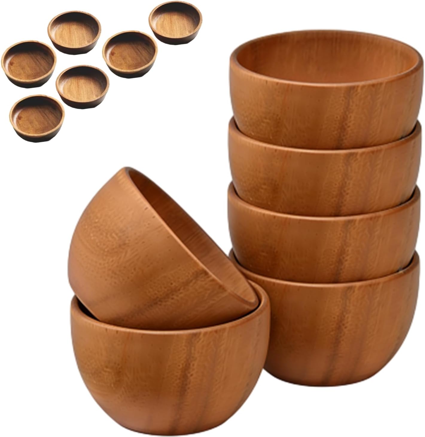 4inch Acacia Wood Dipping Bowls Set, 6PCS Small Wooden Dessert Bowls for Charcuterie Board, Sauce, Nuts, Snacks, Soy Sauce, Rustic Mini Condiment Serving Set (6 bowls, 2 spoons, and 2 plates)