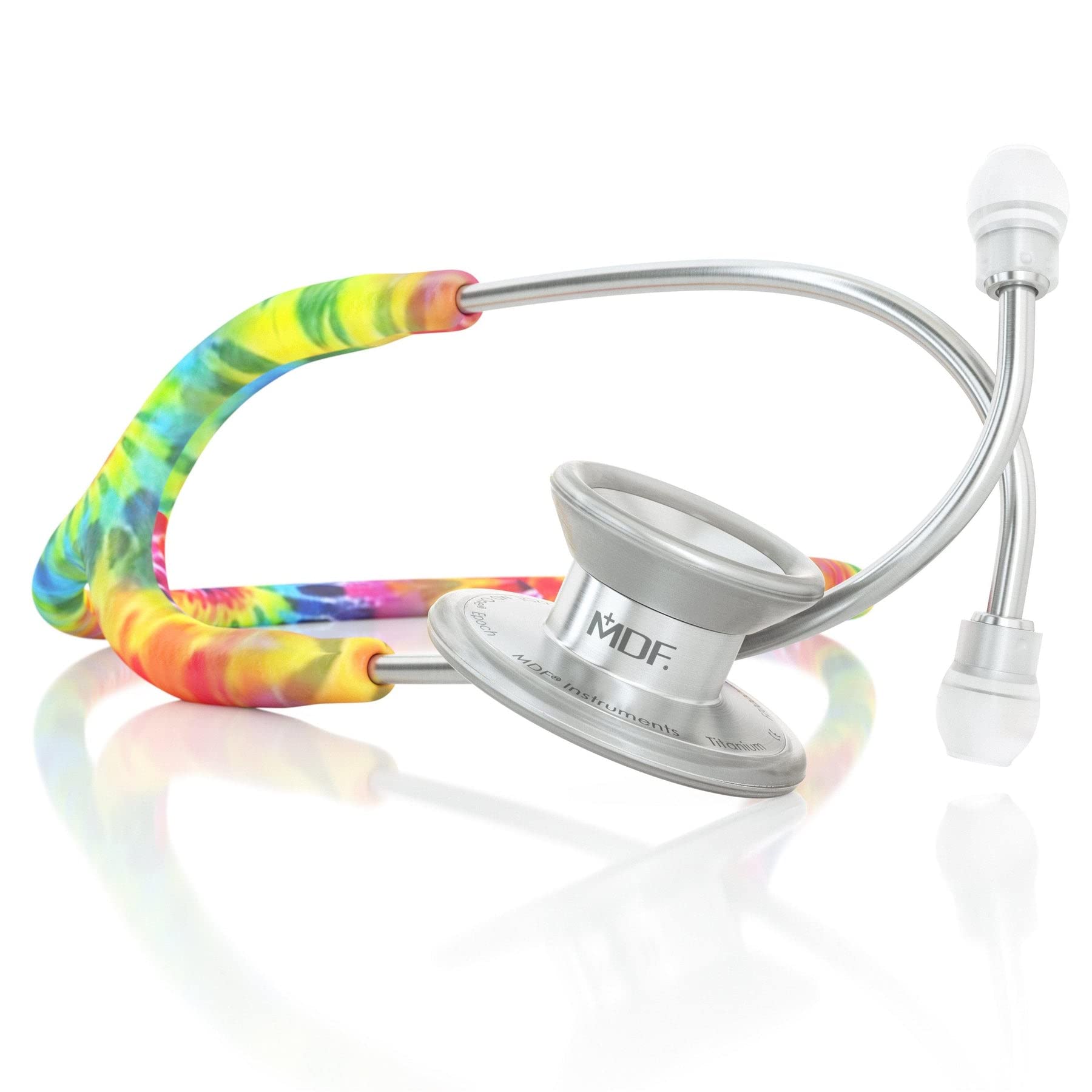 MDF Instruments MD One Epoch - Stetoscopio in titanio leggero, per adulti, con tubo Tie Dye, con cuffia in argento, MDF777TTD+ con custodia da viaggio