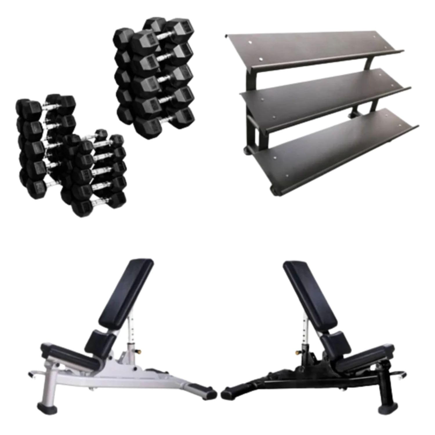 French Fitness Rubber Hex Dumbbell Set 5 to 75 lbs w Bench 3 Tier Dumbbell Rack New