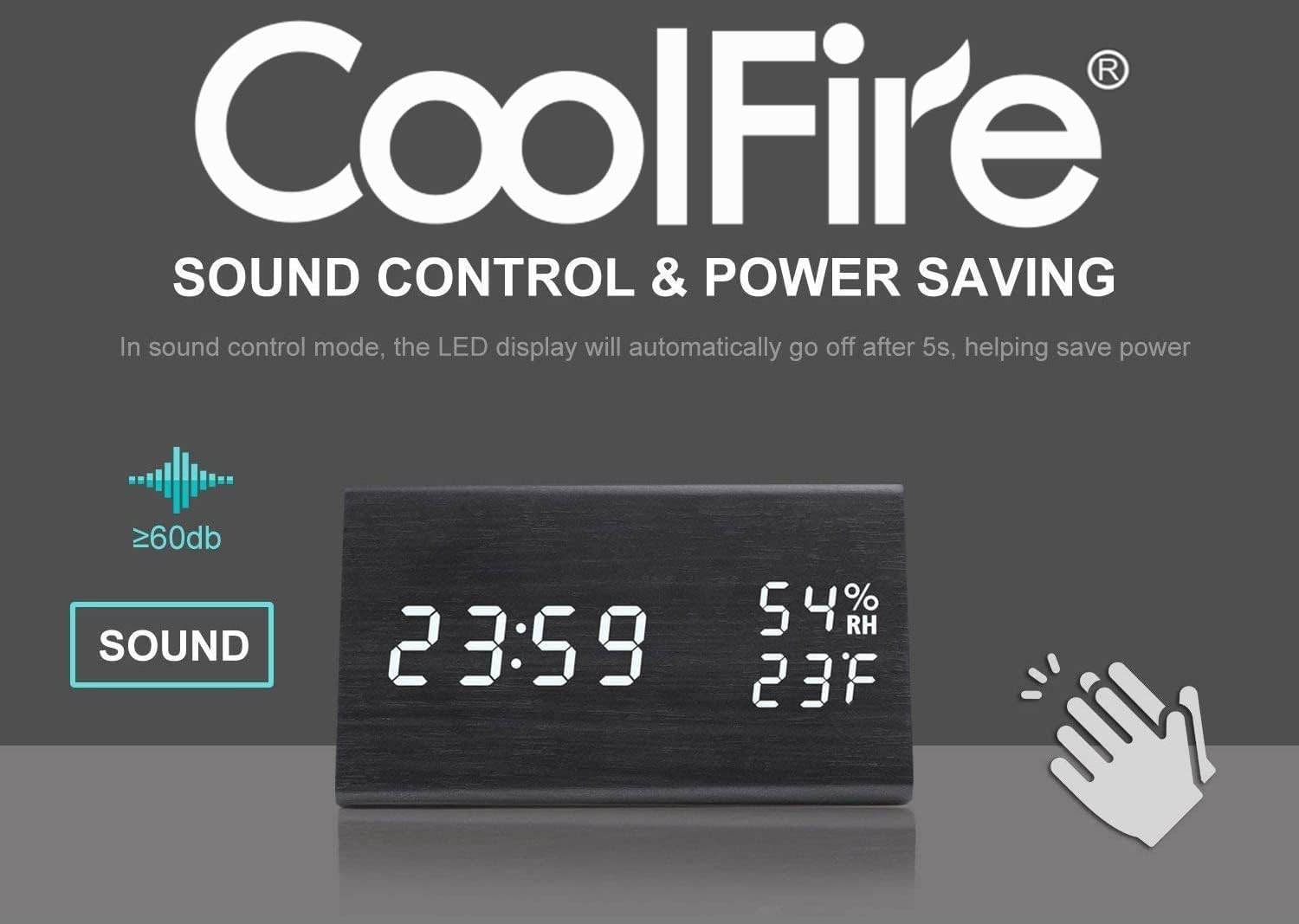 Coolfire alarm clock in sound control mode, activated by a clap