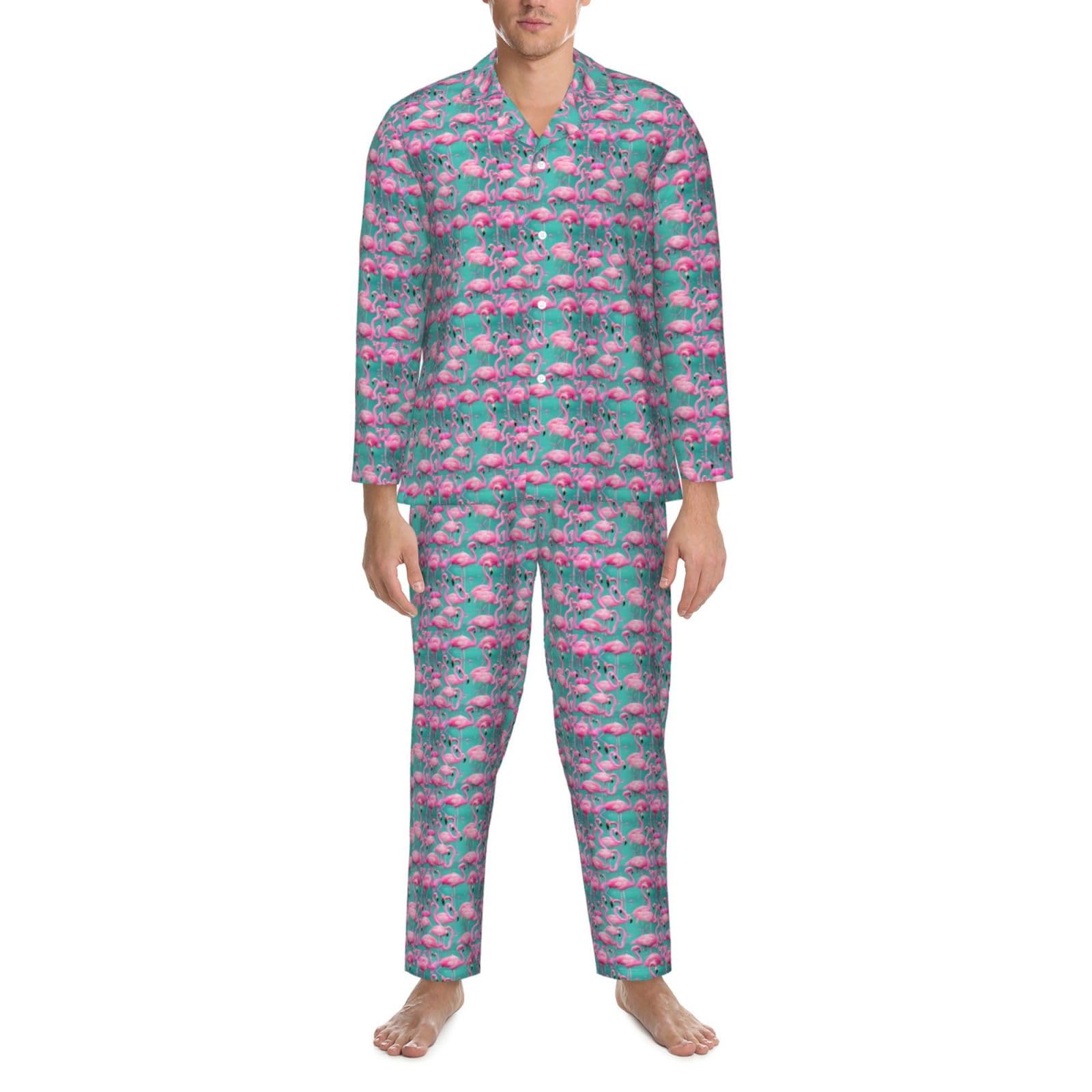 Bonito conjunto de pijama de manga larga para hombre con estampado de flamencos rosados, ropa de dormir de dos piezas, transpirable, cómoda