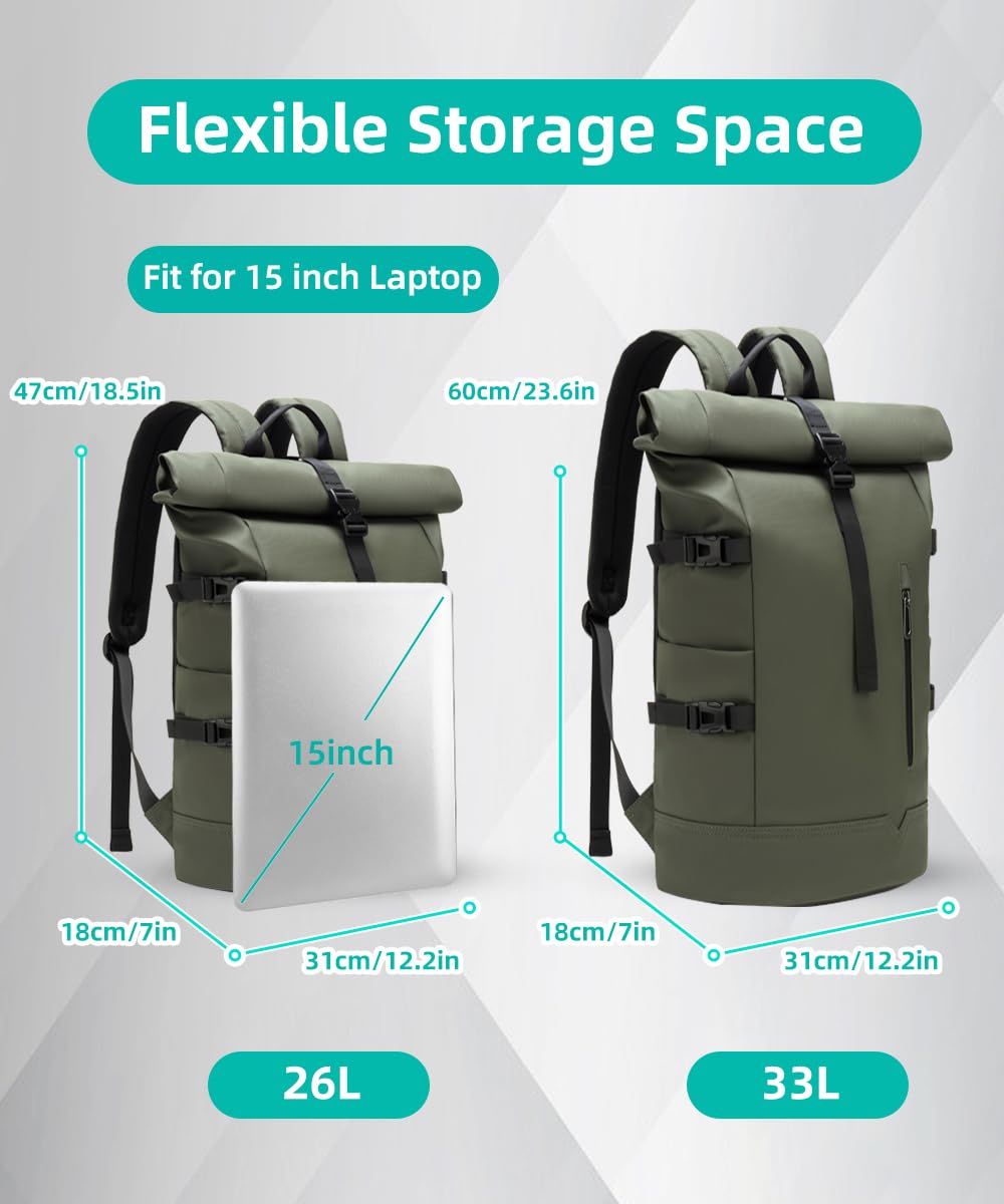 Rolltop Rucksack Groß 33L Wasserdichte Laptop Rucksack Herren Damen 15 Zoll Schulrucksack Leicht Fahrradrucksack Anti-Diebstahl Sportrucksack für Reisen Radfahren Uni Freizeit-Grün