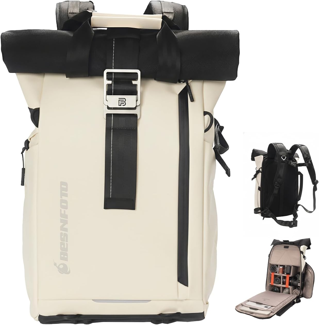 Besnfoto Camera Backpack, Waterproof Travel Camera Bag for Photographer Expandable Roll Top Photography Case for DSLR SLR Mirrorless Camera Fit up to 15.6 inch Laptop with Rain Cover
