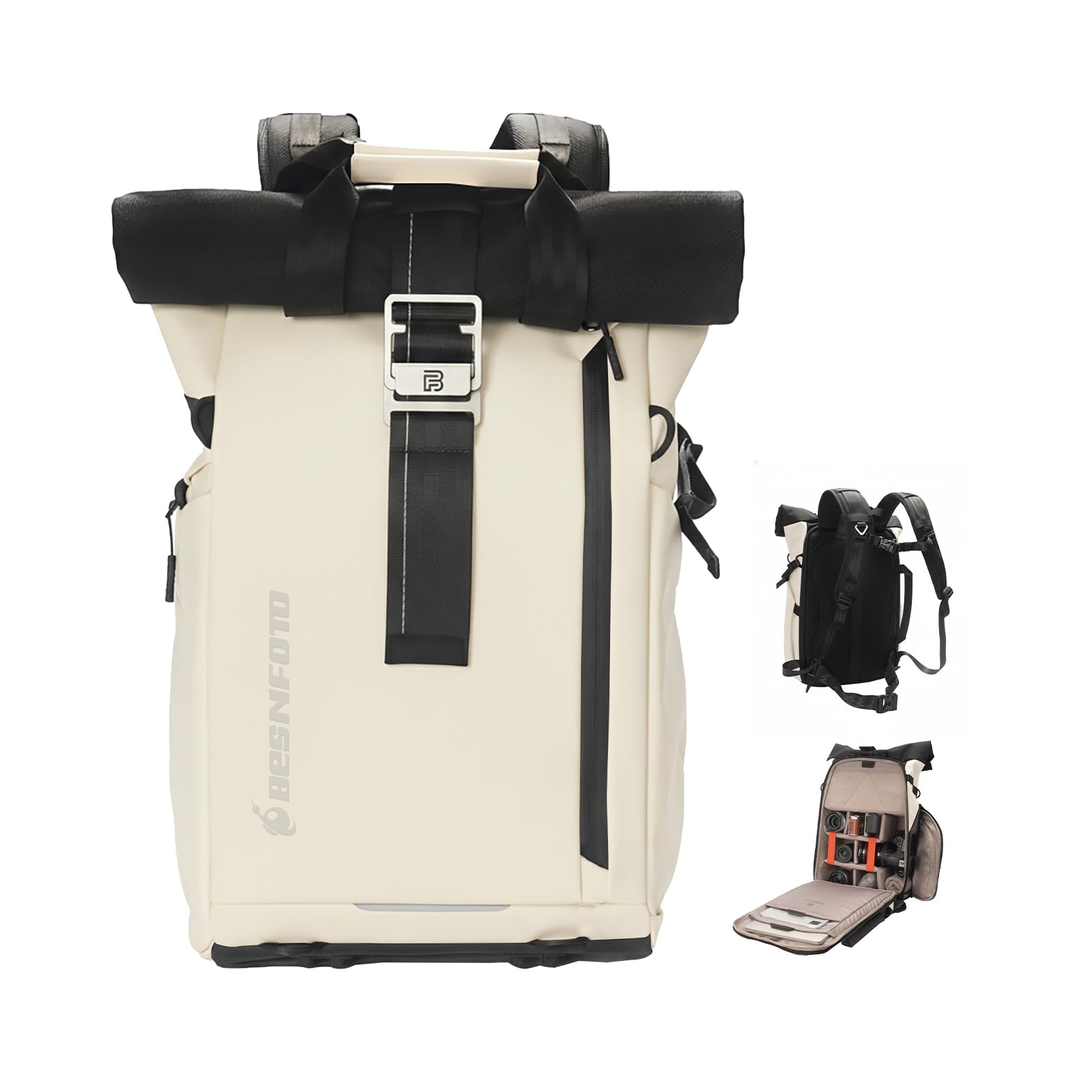 Besnfoto Camera Backpack, Waterproof Travel Camera Bag for Photographer Expandable Roll Top Photography Case for DSLR SLR Mirrorless Camera Fit up to 15.6 inch Laptop with Rain Cover
