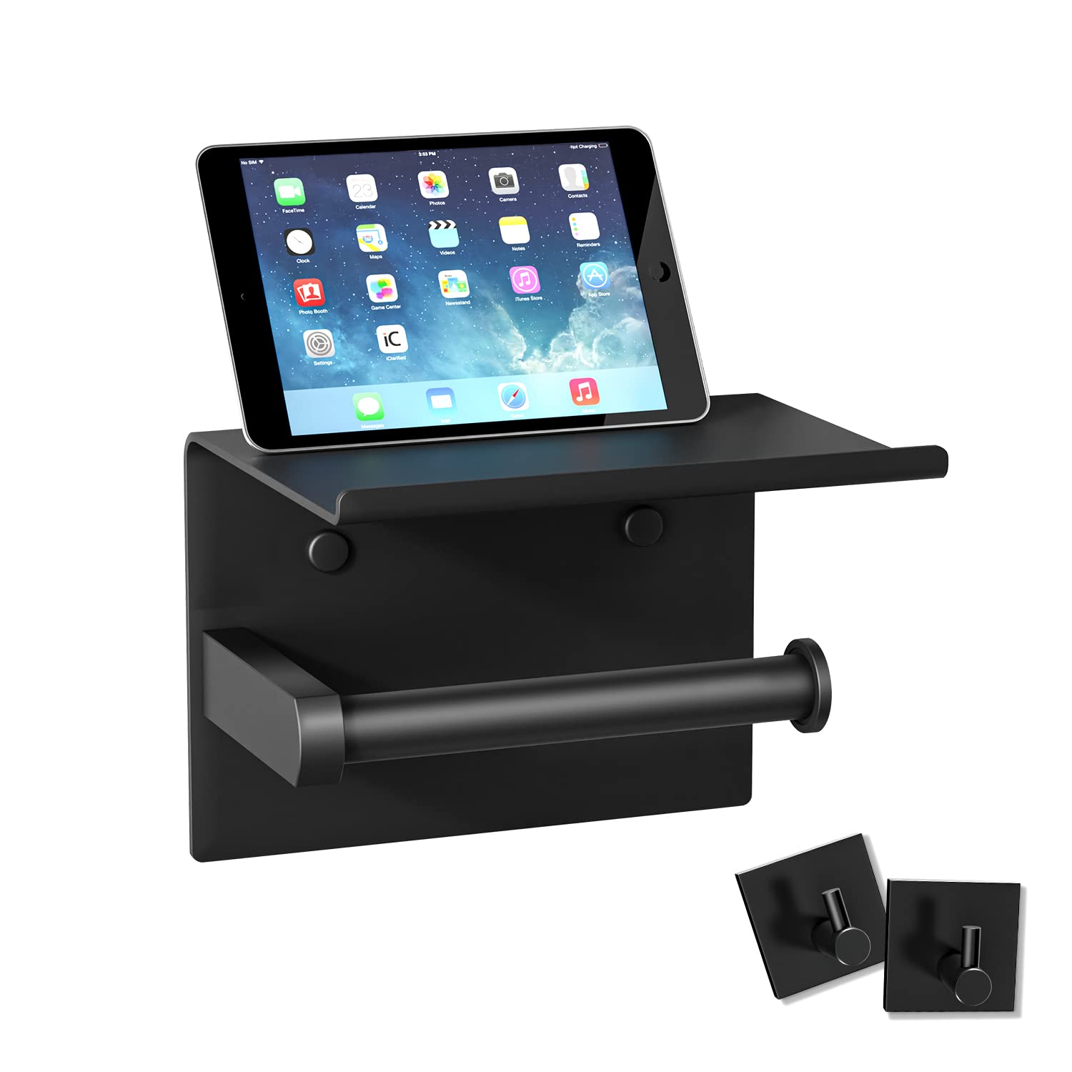 Tindbea Mega Size Toilet Paper Holder with Shelf + Towel Robe Hooks, Adhesive or Screw Wall Mounted Toilet Paper Roll Holder, Stainless Steel Bathroom Hardware Set (Matte Black)?Çª