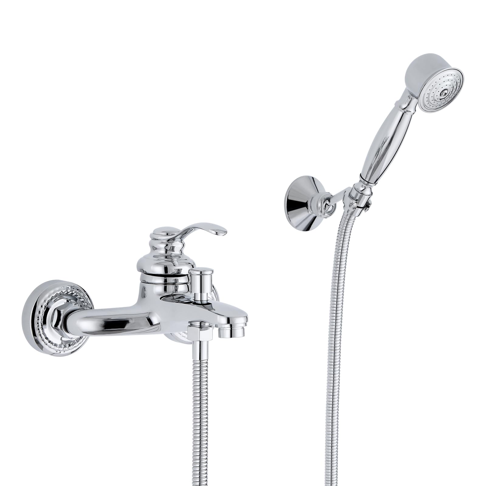 Badewannenarmatur mit Handbrause, Retro Messing Mischbatterie Badewanne Einhebelmischer mit Schlauch und Wandhalterung, Wandmontage Bad Armatur Dusche Antik Wannenarmatur für Badezimmer, Chrom