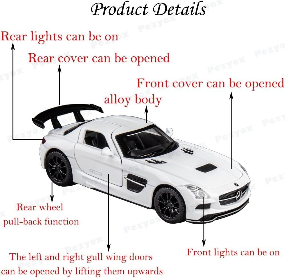 Image of 1:32 Benz SLS AMG Model Car Zinc Alloy Pull Back Toy with Sound & Light Fun for Kids, Boys & Girls Collectible Diecast Car for Ages 3+ (White)