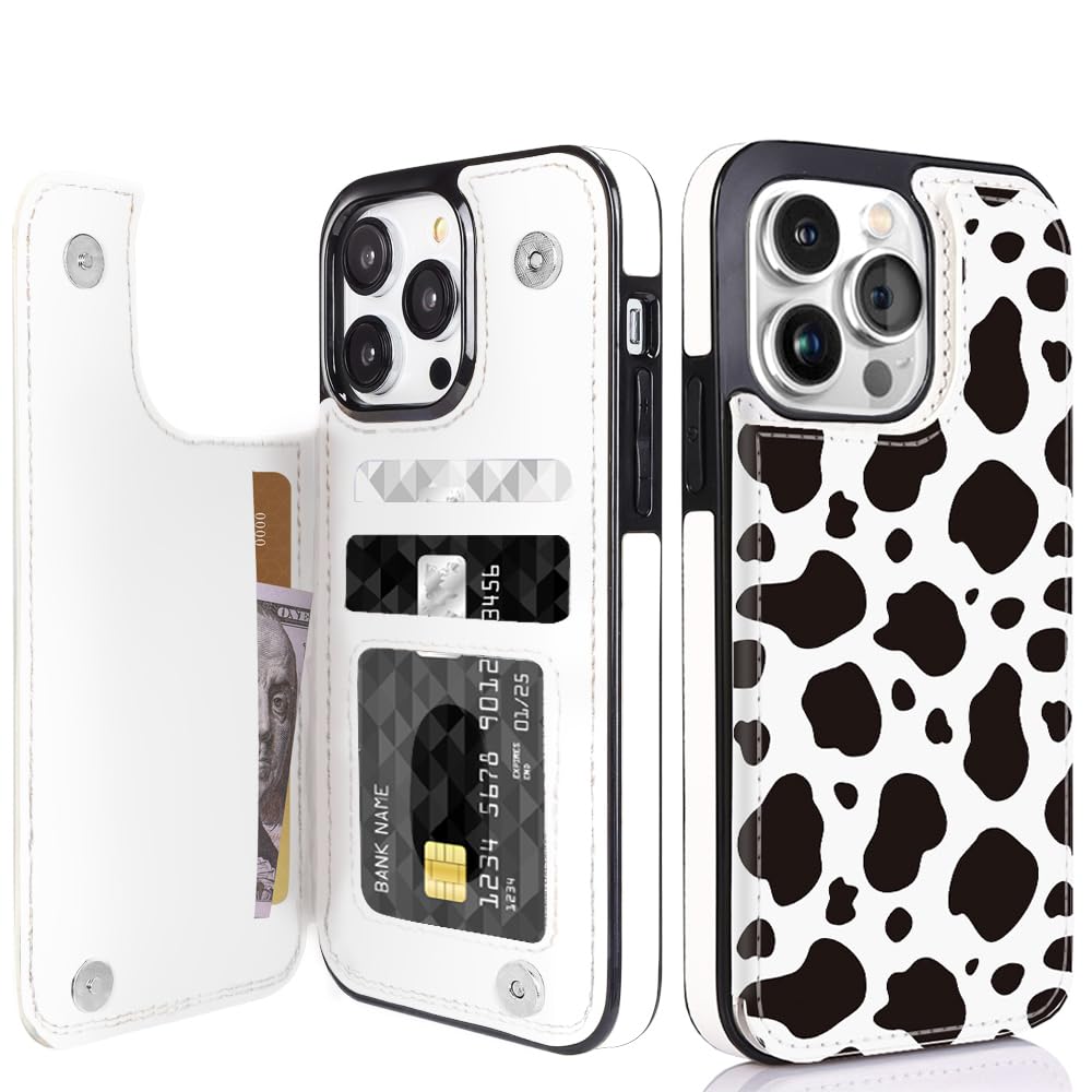 Compatible with iPhone 13 Pro 6.1" Wallet Case with Card Holder Folio Flip PU Leather Kickstand Card Slots Case Double Magnetic Clasp and RFID Blocking Cover 6.1 Inch (Cow Print)
