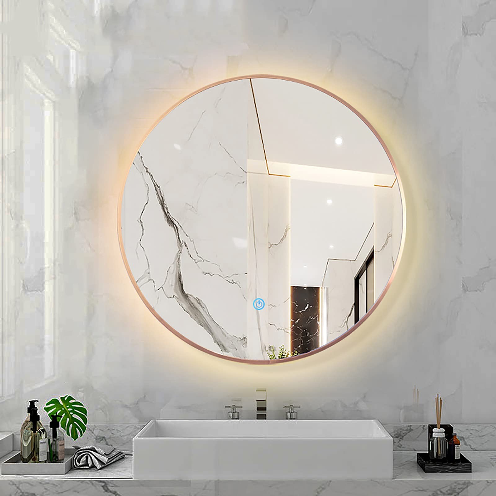 SXFSDOU LED Backlit Makeup Mirror with Sensor Touch Control and 3 Colour Dimming Wall Mounted Round Bathroom Illuminated for Grooming Aluminum Alloy Frame (Rose Gold 40X40CM)