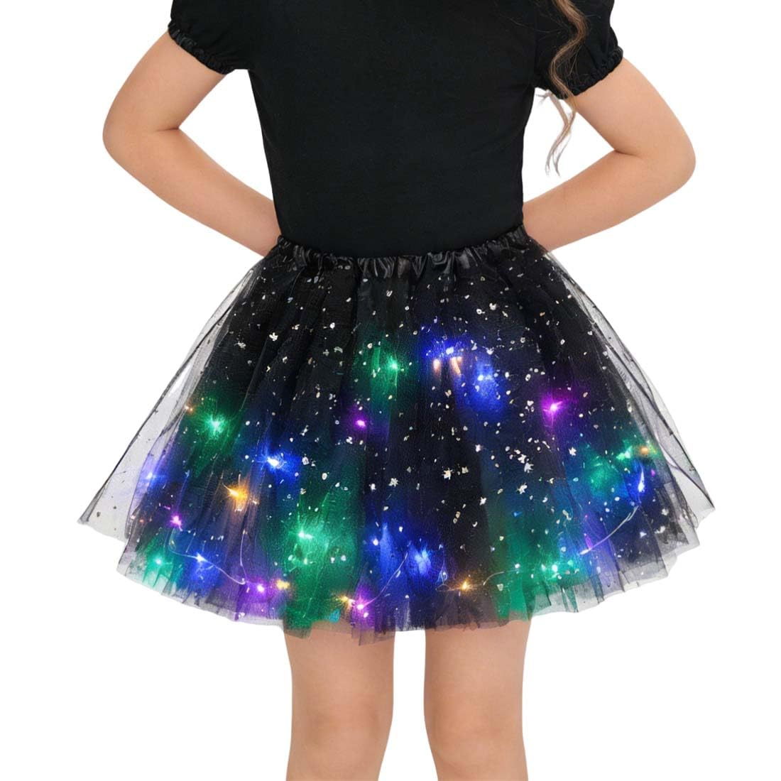 1 Pièce Jupe en Tulle pour Femmes, Robe Danse à Paillettes étoilées, Mini-Ju pe Extensible avec Lumières LED, J upe Tutu pour Adultes, Robe de Danse pour Adolescentes Carnaval Ballet