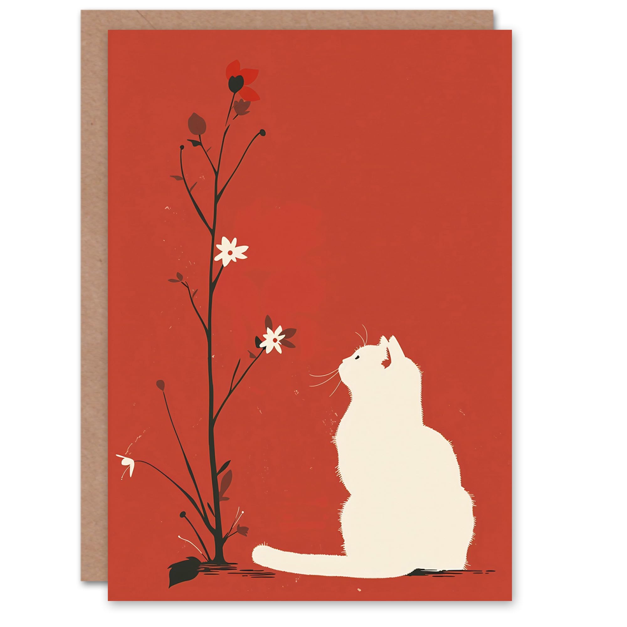 Artery8 Birthday Card White Cat Lover Wildflower Bloom Red Design For Her Gran Sister Niece Daughter Wife Woman Greeting Card