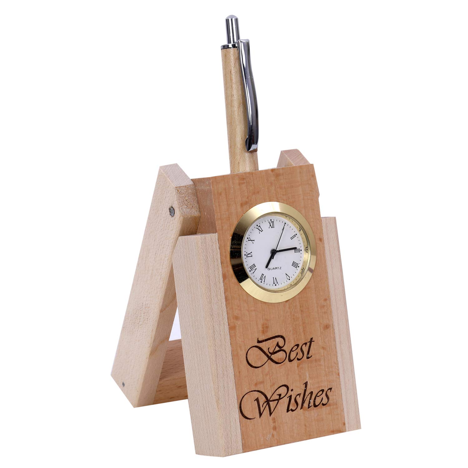 SHIVOM CRAFTS� Wooden Pen Stand with Hand Craved Analogue Clock - Printed Best for Corporate Gifts, Gift for Mother's Day, Office Table Accessories and Home (Best Wishes)