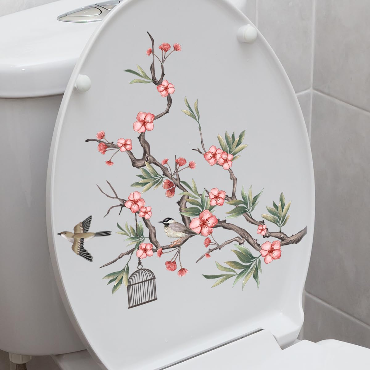 Valentine's Plum Blossom Toilet Cover Sticker Decals,Spring Plum Blossom Leaf Waterproof Toilet Lid Tank Seat Decals Cistern Self-Adhesive Bathroom Wall Sticker