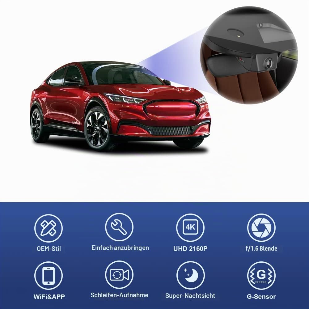 Fitcamx 4K Dashcam kompatibel mit Ford Mustang Mach-E 2021-2025 GT Select Premium, integrierter OEM Dash Cam, UHD 2160P Video, WLAN & APP, Loop-Aufnahm, G-Sensor, Plug & Play, 64-GB-Karte