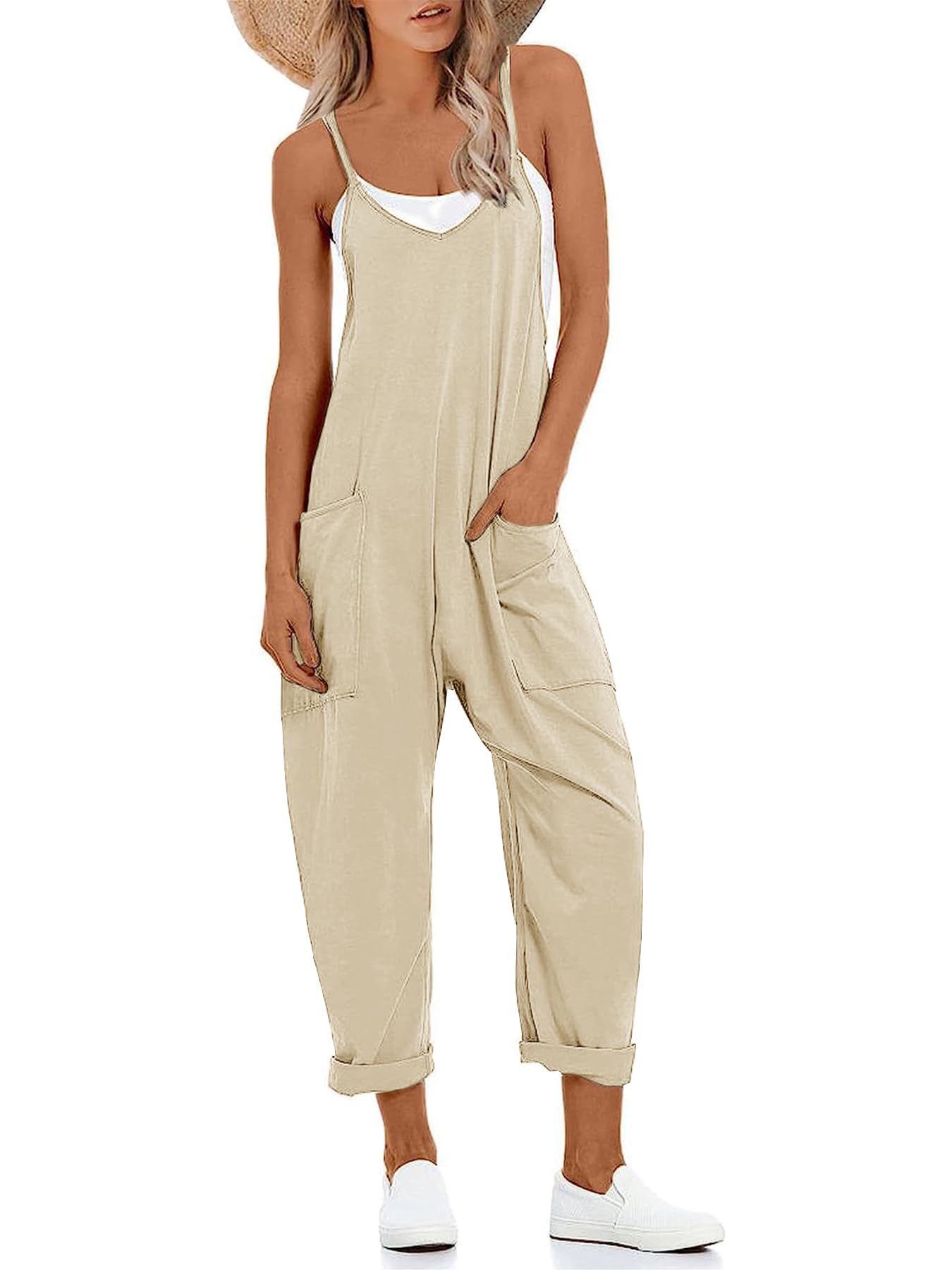 Women's V Neck Sleeveless Jumpsuits Spaghetti Straps Harem Long Pants Overalls With Pockets