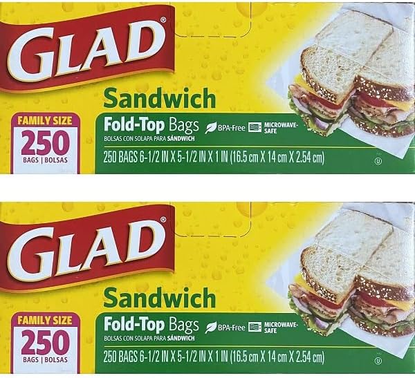 GladSandwich Fold-Top Bags, Family Size 250 Bags, 6-1/2 IN x 5-1/2 IN x 1 IN, Pack of 2