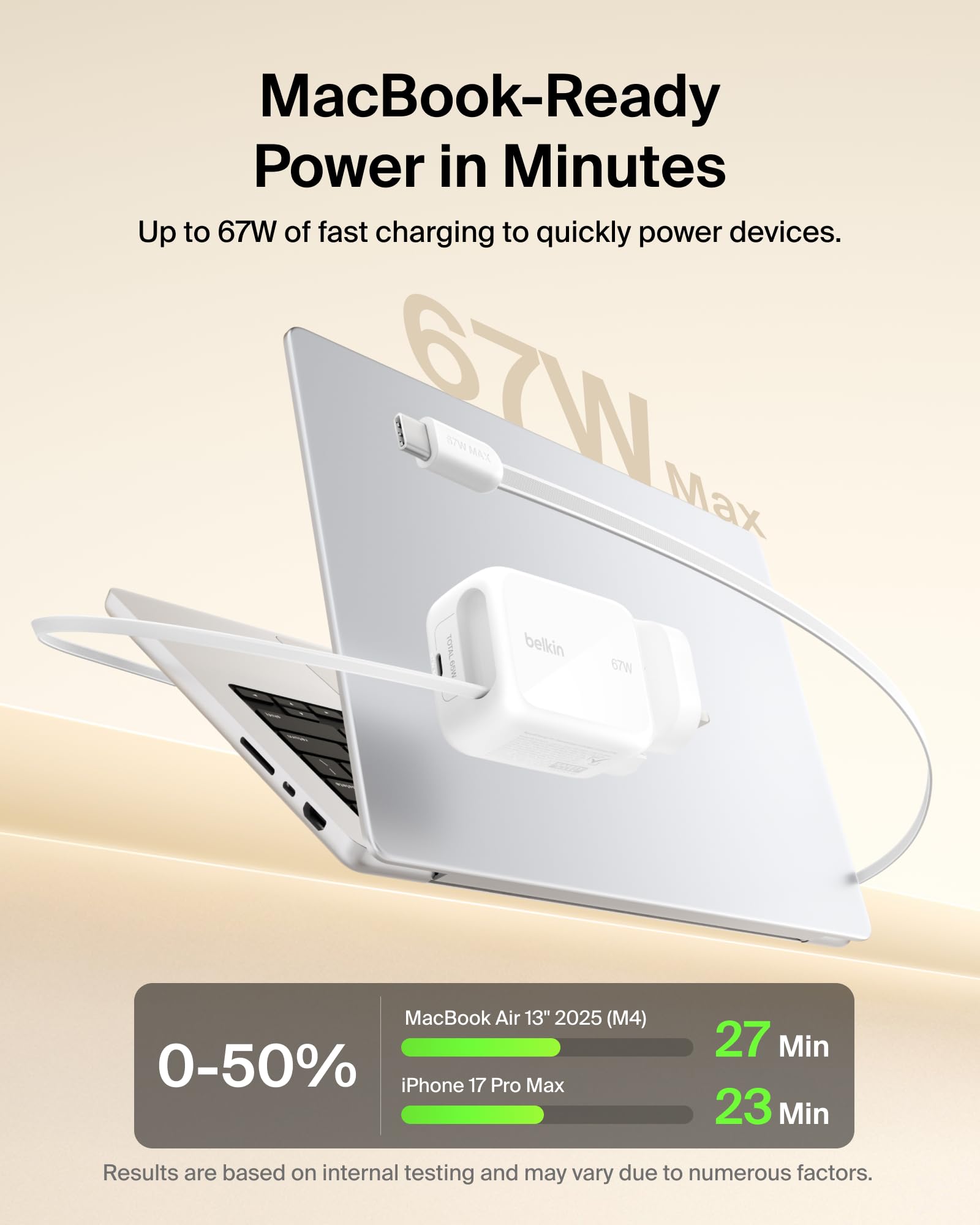 Belkin USB-C Charger Plug 67W with 3.3ft Retractable USB C Cable & USB C Port - GaN image 4