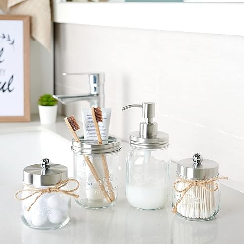 Miniatura 6 de Amolliar Mason Jar - Juego de accesorios de baño (4 piezas) - Dispensador de jabón de loción y 2 soportes para cepillo de dientes y soporte para