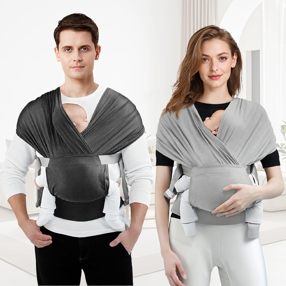 AOOWU Babytrage Tragetuch Baby Neugeborene bis 15 kg - Freihändiges Babytragetuch -Einfach Anzuziehen für Mütter und Väter - Babytrage Multi-Use Babywickel Träger(Hellgrau, Schnallenstil)