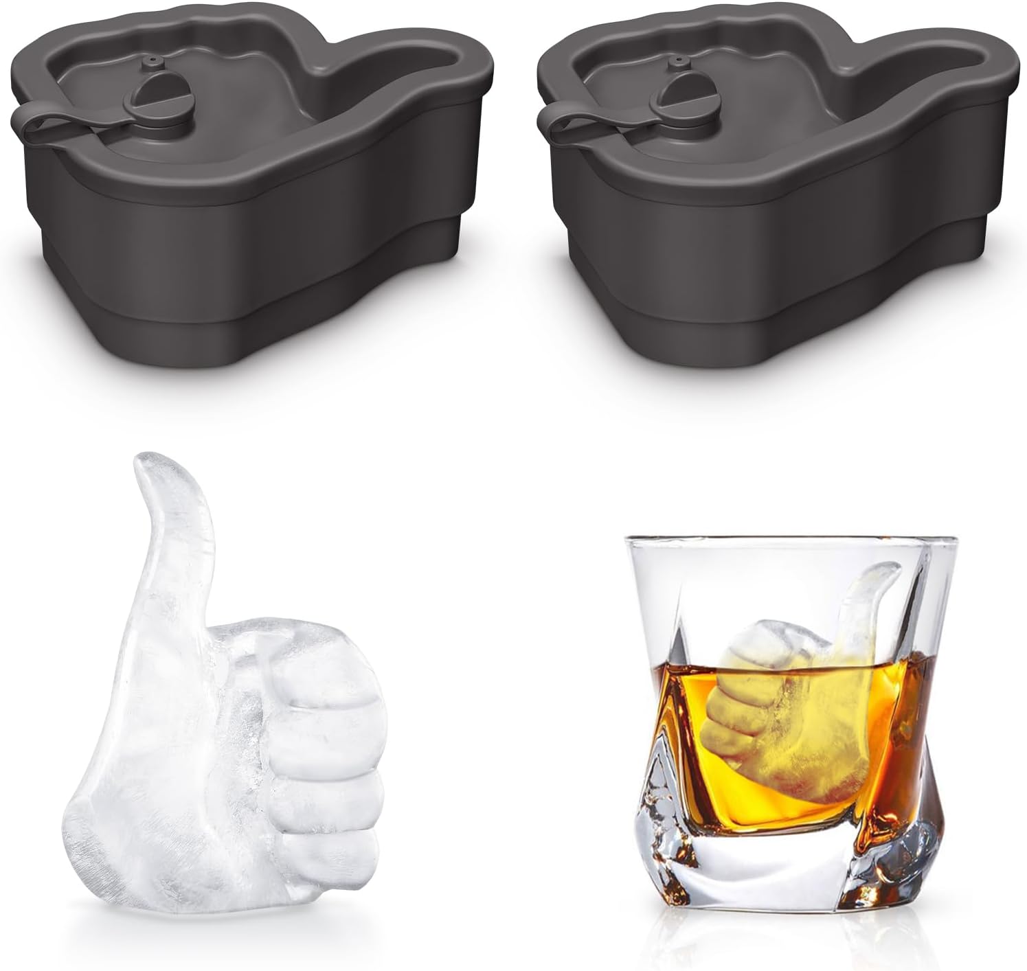 NPET Thumb Ice Cube Mold?Set of 2?, Funny Shape Reusable 2 Inch Large Ice Cube Tray,BPA Free,Easy Release Silicone Ice Maker with Lids for Whiskey, Cocktails, Coffee, Drinks Gray 2 Pack