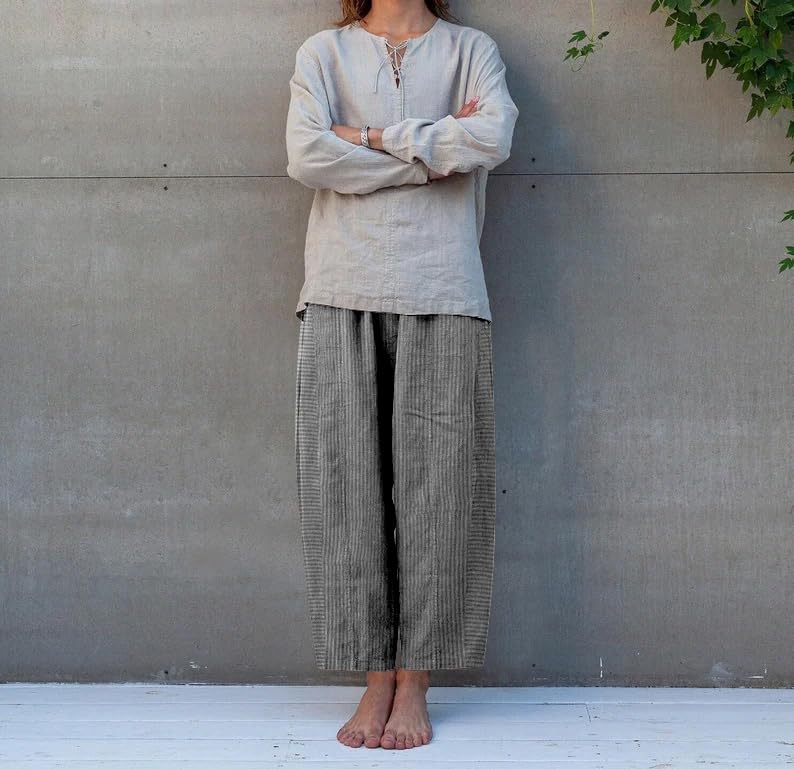 KKONION Women's Linen Pants Gauze Pant : Baggy Sweatpants Side Button Trousers Casual Comfy Work Pantsuit with Pocket2
