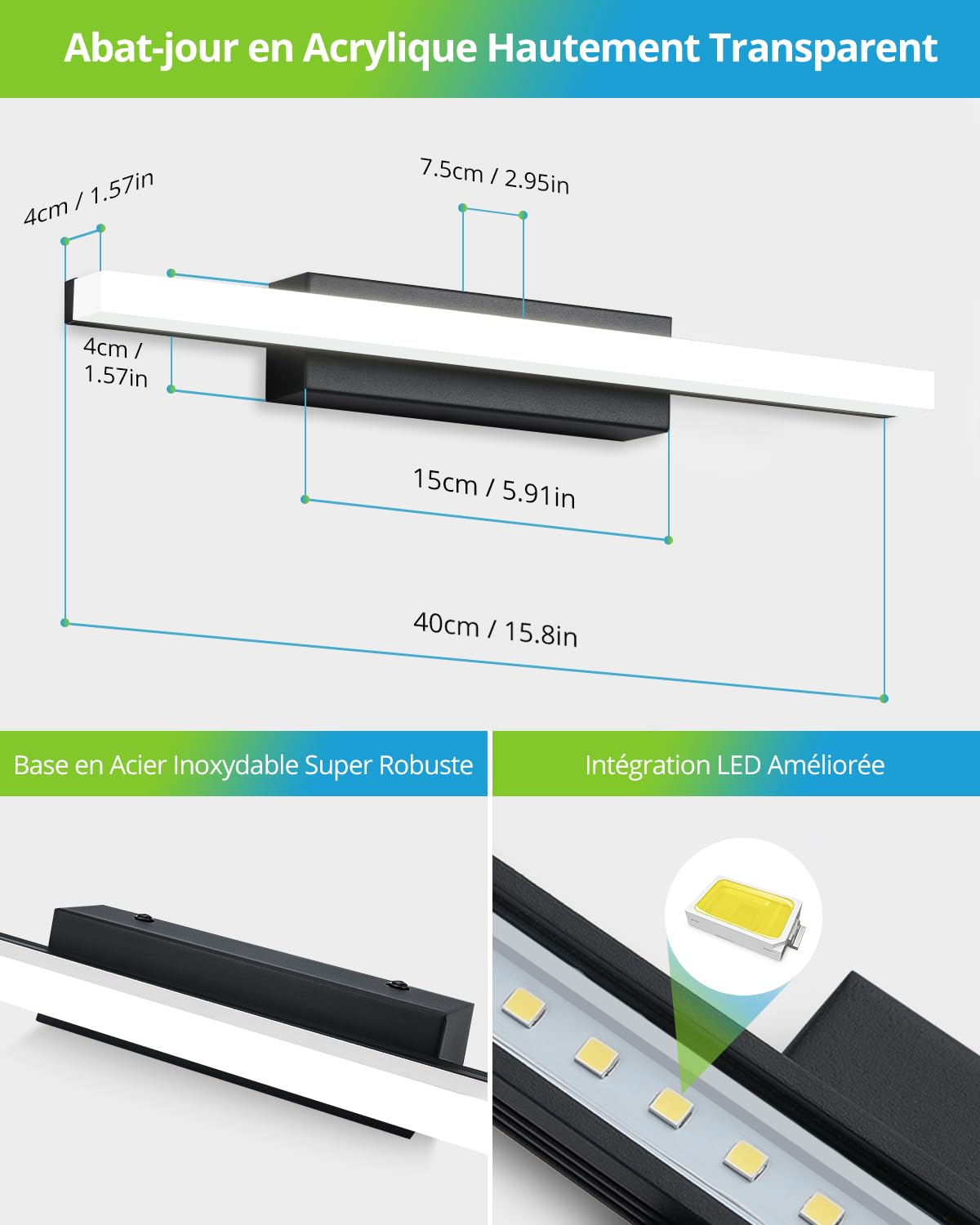 Applique Miroir Salle De Bain Yafido LED 9W 40cm - Blanc Neutre 4000K, 800LM, Acier Inoxydable