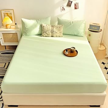 LweiPsqLin Twin Size Washed Cotton Sheet with Deep Pockets,Striped Fitted Sheet, for Comfort and Durability ,Easy Care,with Pillowcases Green, Twin