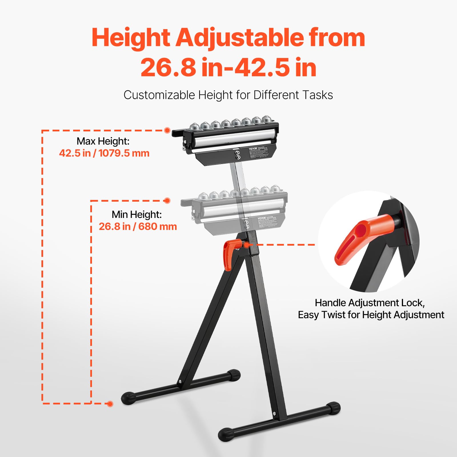 VEVOR Supporto a Rulli, Carico di 136 kg Supporto a Rulli per Troncatrice da Tavolo, Altezza Regolabile 680 a 1079,5 mm per Impieghi Gravosi con Testa a Rulli Multidirezionale Lucidata da 292,1 mm