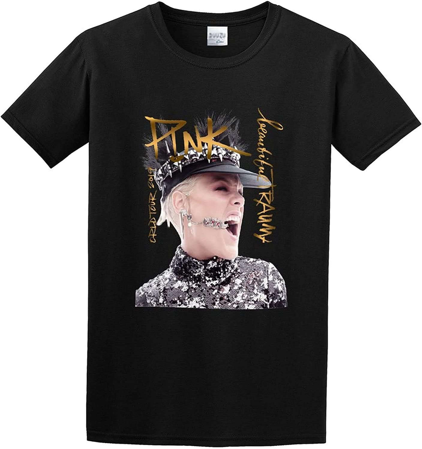 Man's Round Neck Pink Beautiful Trauma 2019 World Tour Ladies Music Sports T-Shirt Black (Large)