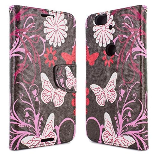 Google Nexus 6P Wallet Case, CoverON [Carryall Series] Flip Folio Card Slot Pouch Cover Screen Protector + Strap Case for Google Nexus 6P - Pink Butterfly Design