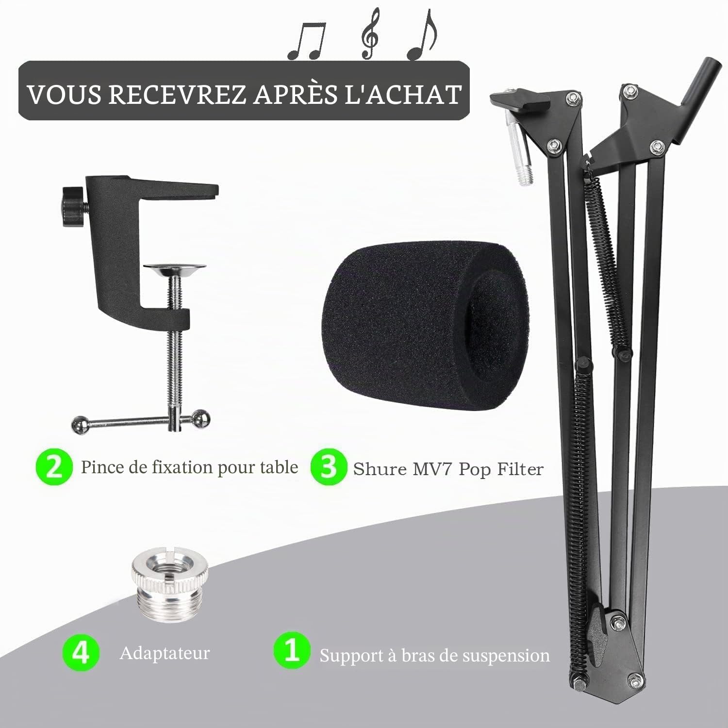 MV7 MV7+ Support Microphone Professionnel Réglable avec Bonnette Micro en Mousse Améliorant la Qualité Sonore pour Microphone Compatible avec MV7 MV7+ USB Podcast par YOUSHARES