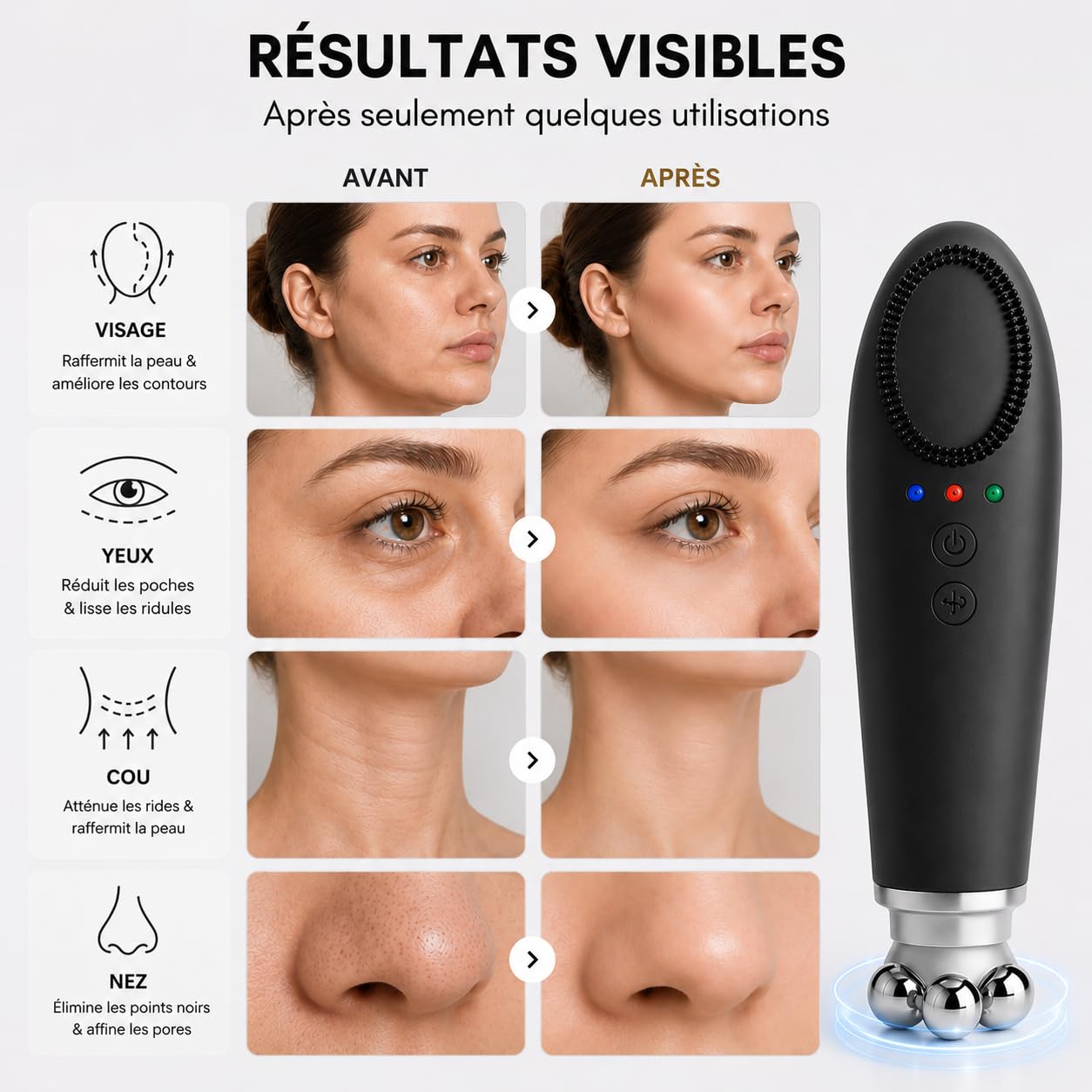 Appareil de massage visage 6-en-1 – Gua Sha électrique avec 4 embouts pour nettoyage, massage du visage, raffermissement de la peau et réduction des rides – Étanche IPX7, rechargeable