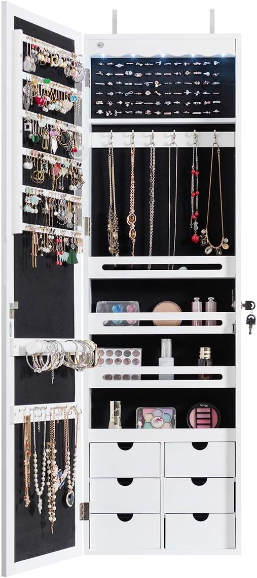 GIANTEX Armario de Joyas con Espejo de Cuerpo Entero, Armario Joyero con Cerradura y 5 LED, Montado en la Pared o en la Puerta, 36,5x11,5x120cm, para Pendientes, Anillos, Collares y Pulseras, Blanco
