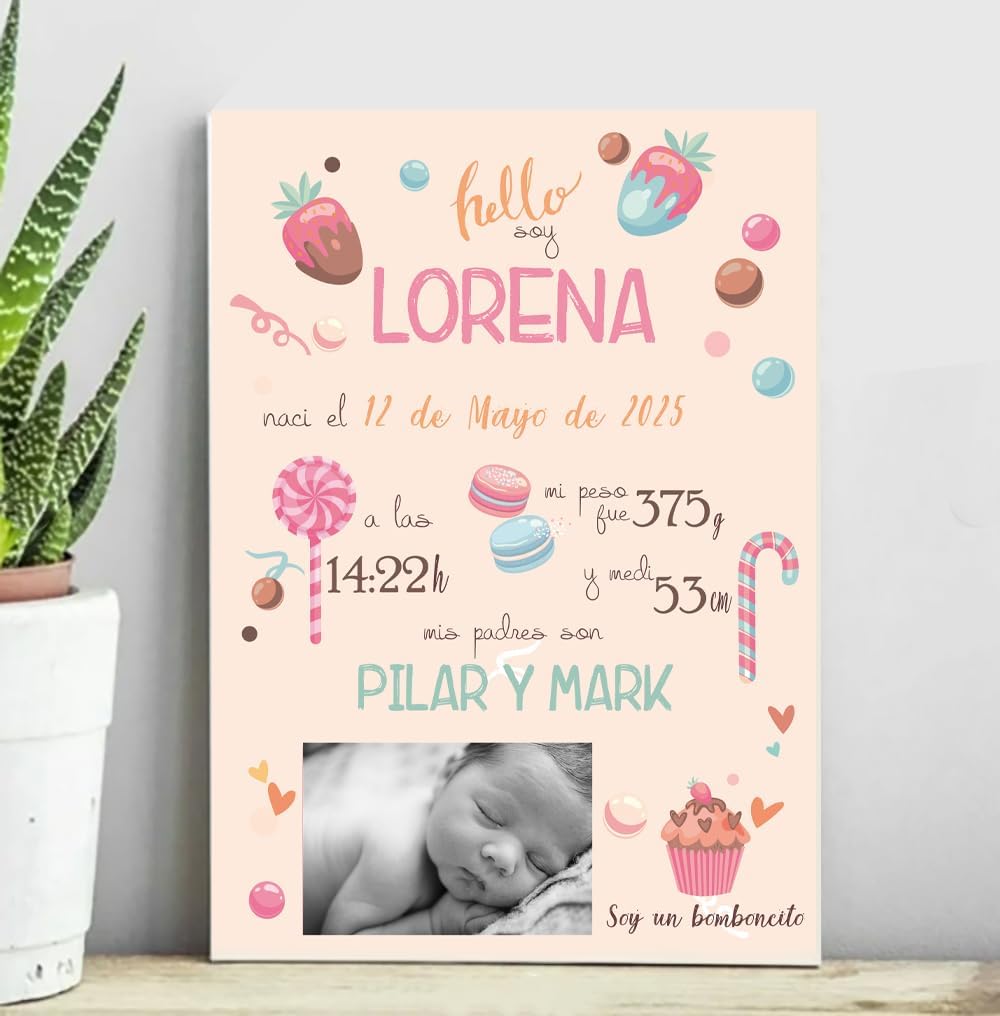 Genérico Cuadro Lámina Nacimiento Personalizada Bebé con Foto – Nombre, Fecha, Peso y Medidas – Regalo Original para Recién Nacido – Decoración Habitación Infantil - Natalicio dulces