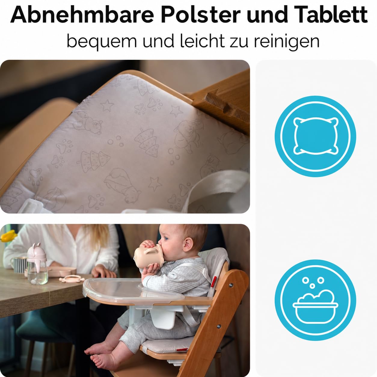 Holzhochstuhl Drömmer Unique bis 75kg Mitwachsender Faltbarer Hochstuhl aus Buche für Kinder mit Sitzkissen 5 Punkt Gurt zusätzliche Ablage Schrittgurt 9 Höhenverstellungen Schutzbügel Natural