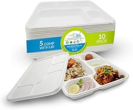EATONS 5-Compartment Bagasse Disposable Plates with Lid (10 Pack) | Eco-Friendly Biodegradable Sugarcane Paper Plates | Thali | Serve Dinner | Birthday Party, Wedding, Bhojanam | Rectangular | White