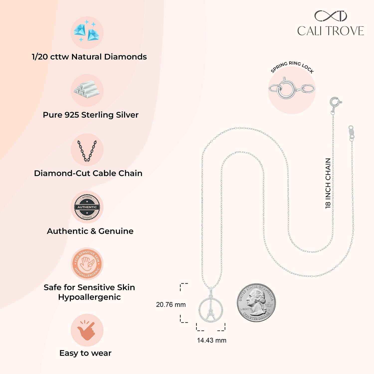 Cali Trove Diamond Eiffel Tower Pendant Necklace | 1/20 Carat Natural Diamonds in 925 Sterling Silver | Jewelry Gift for Women | Silver Dainty Accessories for Her | Gifts for Women - Image 4