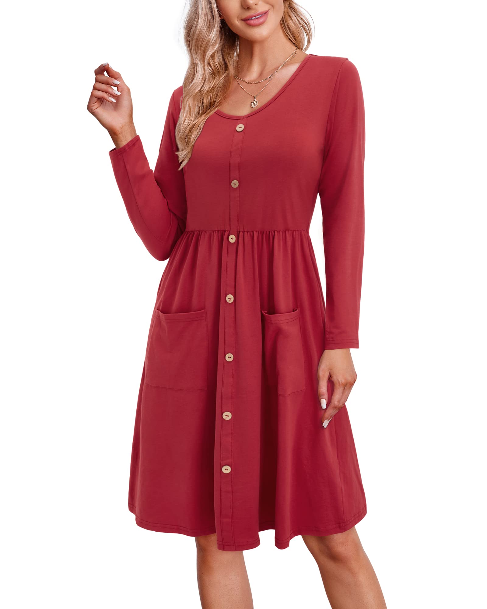 VOTEPRETTYWomen's Long Sleeve V Neck Casual Button Solid Swing Dress with Pockets