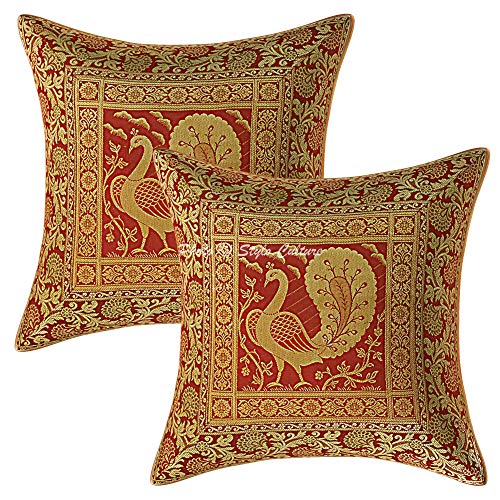 Image of Decorative Brocade Cushion Covers 16x16 Inch Banarasi Jacquard Weave Maroon & Gold Drawing Room Decor Peacock Boho Square 40x40 cm Zippered Sofa Settee Pillowcases -Set of 2 Pcs