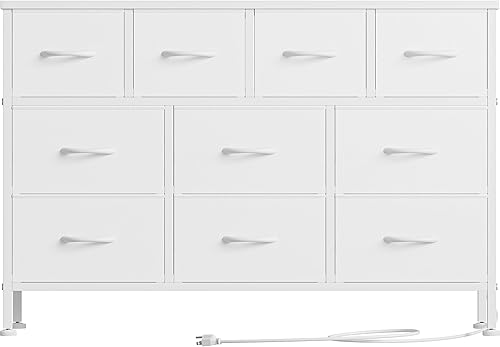 Miniatura 7 de Lulive Cómoda blanca de 10 cajones para dormitorio, soporte de TV con toma de corriente, cómoda centro de entretenimiento para TV de 55 pulgadas de